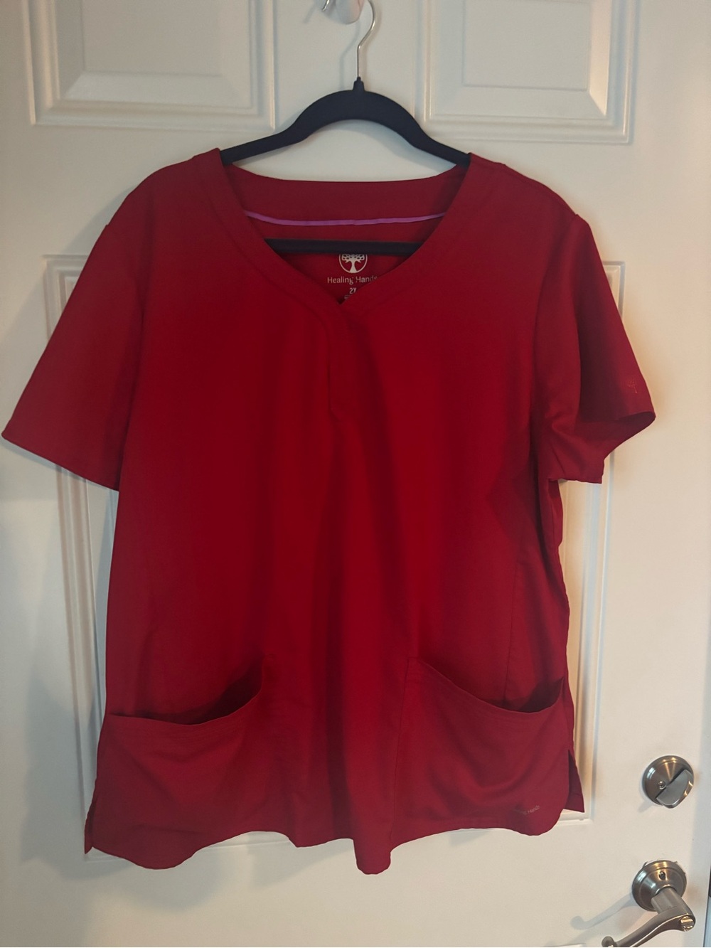 healing hands Red V-Neck Medical Scrub Top with Front Pockets
